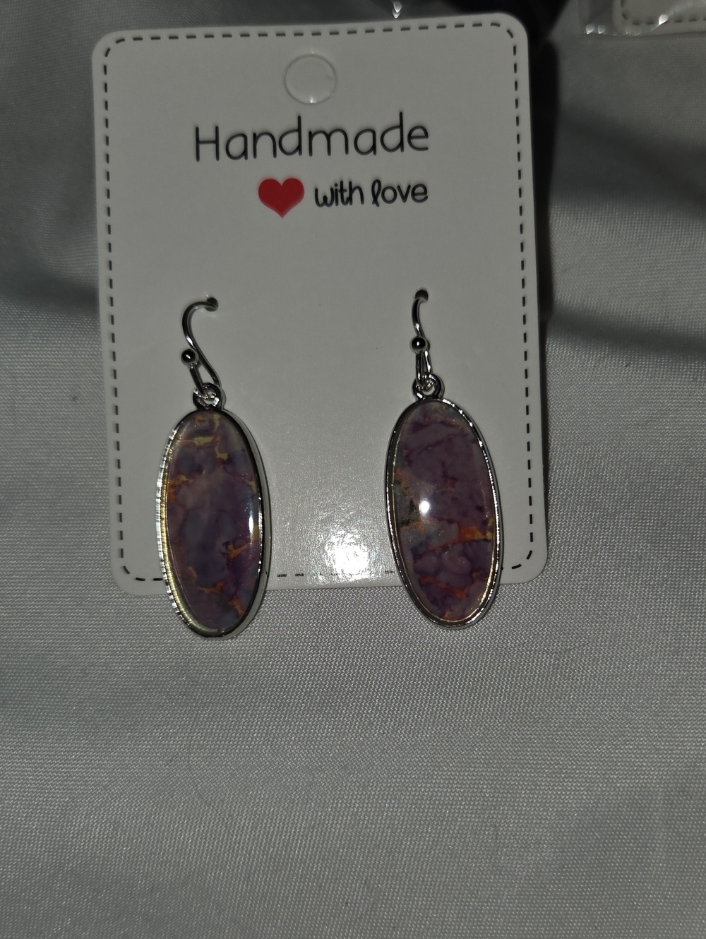 Handmade Purple Marble Oval Drop Earrings with Silver-Tone Setting